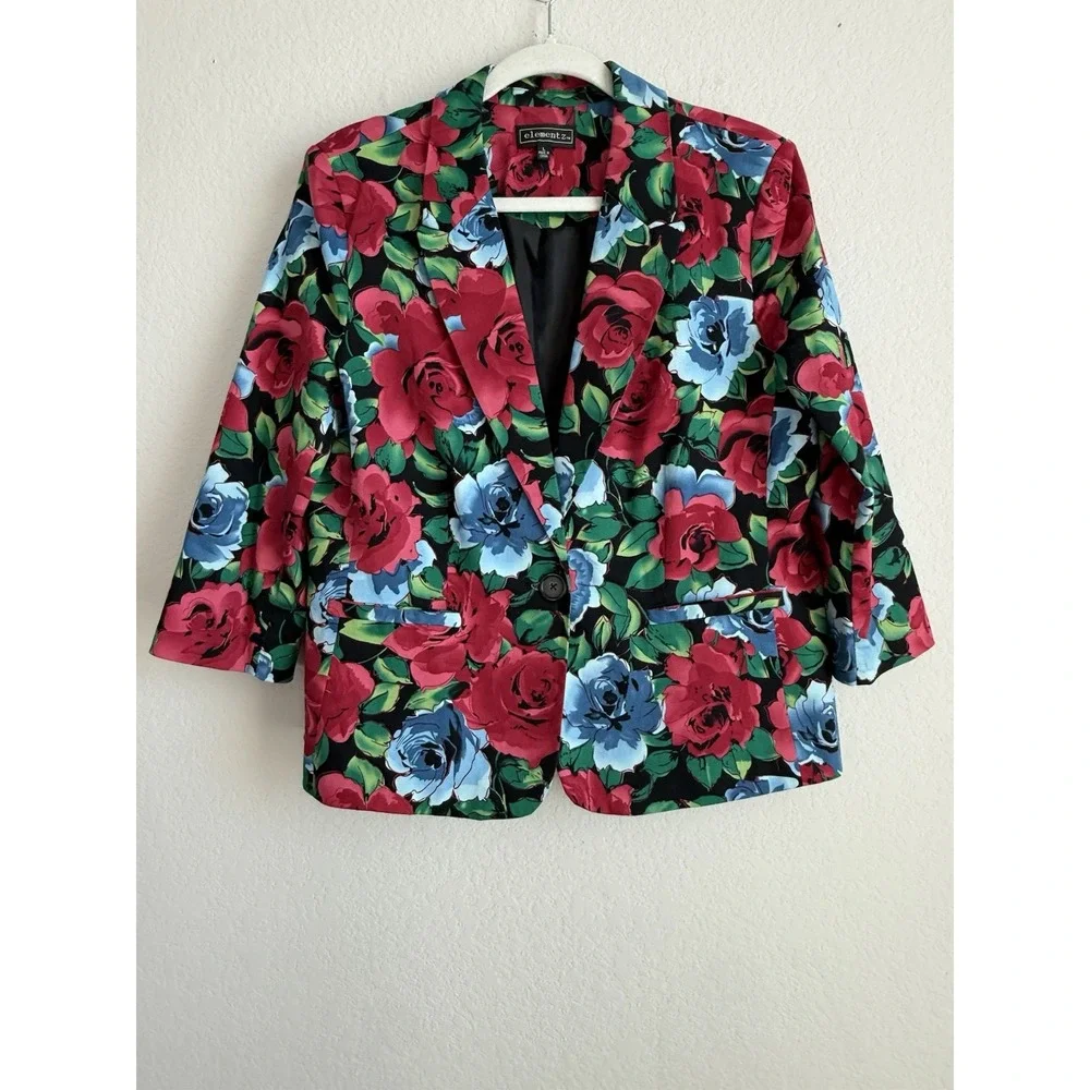 Elementz Roses Blazer‎ Jacket Flowers Vibrant Cottagecore Academia Womens Large